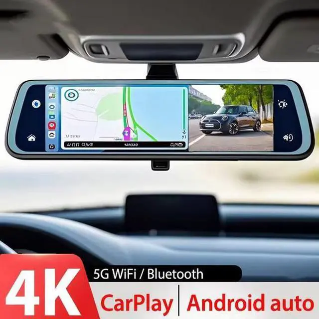 Main image of 9.66" 4K CarPlay Mirror Dash Cam - 150° Wide Angle, Dual Recording, Anti-Glare, Reverse Camera, 256GB Supported