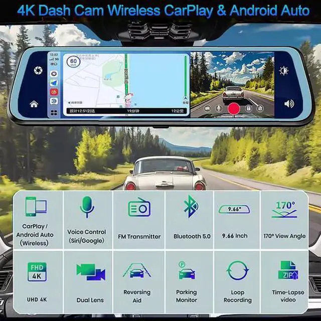 Alt view image 5 of 5 - 9.66" 4K CarPlay Mirror Dash Cam - 150° Wide Angle, Dual Recording, Anti-Glare, Reverse Camera, 256GB Supported