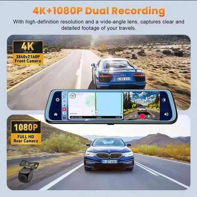Alt view image 3 of 5 - 9.66" 4K CarPlay Mirror Dash Cam - 150° Wide Angle, Dual Recording, Anti-Glare, Reverse Camera, 256GB Supported