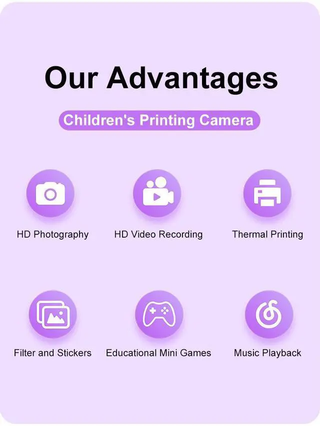 Alt view image 5 of 7 - Children's Polaroid camera with half-color printing for taking photos and recording videos. High-quality appearance level. Children's cartoon camera as a gift. PUPLE