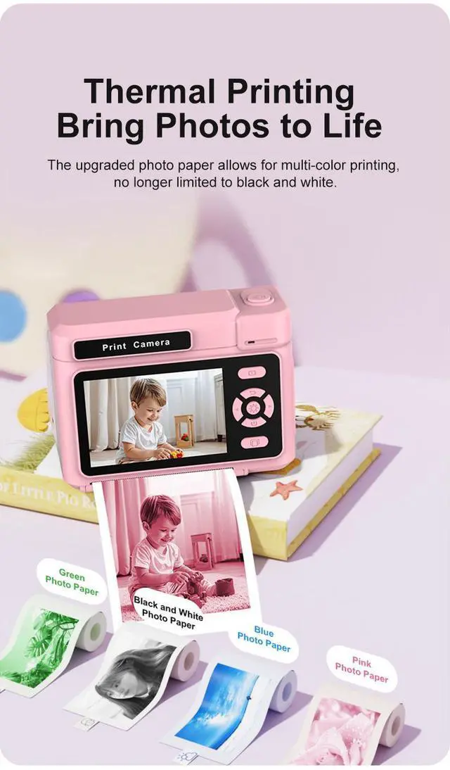 Alt view image 6 of 7 - Children's Polaroid camera with half-color printing for taking photos and recording videos. High-quality appearance level. Children's cartoon camera as a gift. PUPLE