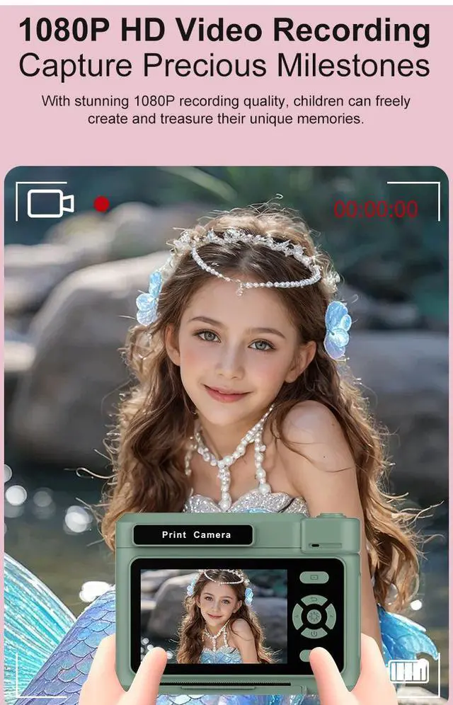Alt view image 7 of 7 - Children's Polaroid camera with half-color printing for taking photos and recording videos. High-quality appearance level. Children's cartoon camera as a gift. PUPLE