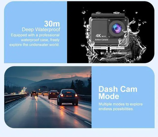 Alt view image 6 of 7 - 4K Waterproof Action Camera - 2.0" Touch Screen, WiFi, EIS, 10m Dive, 170° Wide Angle for Cycling/Diving