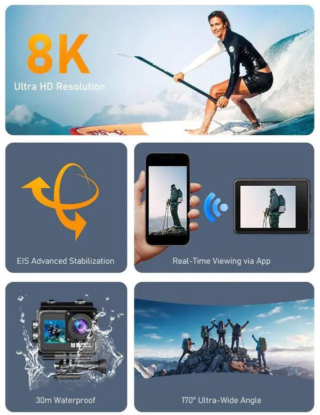 Alt view image 3 of 7 - 8K Dual-Screen Action Camera - 2.0"+1.3" Touch, 30m Waterproof, WiFi, 1350mAh for Diving/Cycling,Outdoor cycling, mountain climbing, surfing