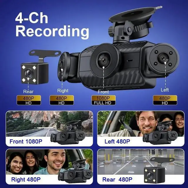 Alt view image 2 of 7 - Four Cameras Displayed3.0-inch vehicle recorder with four lenses (front + rear + left + right) - 170° ultra-wide angle - high-definition infrared night vision - parking monitoring - supports 64G sto