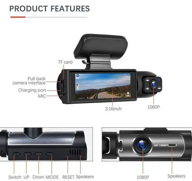 Alt view image 6 of 7 - High-definition dual-lens rear-view camera with 3.16-inch display for car front and interior, featuring infrared night vision for vehicle recording.