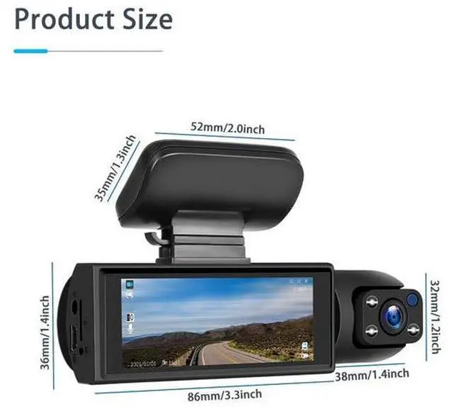 Alt view image 7 of 7 - High-definition dual-lens rear-view camera with 3.16-inch display for car front and interior, featuring infrared night vision for vehicle recording.