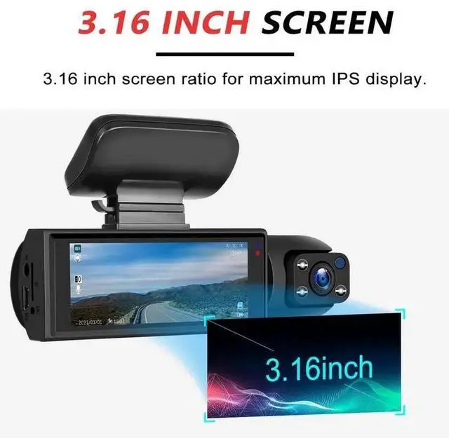 Alt view image 5 of 7 - High-definition dual-lens rear-view camera with 3.16-inch display for car front and interior, featuring infrared night vision for vehicle recording.