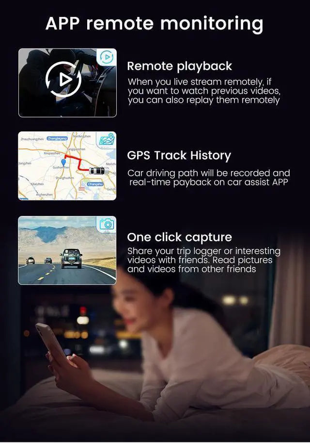Alt view image 2 of 7 - 4G RemoteHigh-definition Vehicle Recorder Dual Recording Front and Rear with 170° Wide Angle Night Vision Enhancement Real-time Monitoring via Mobile Phone GPS Location Parking Guard Supports 512G