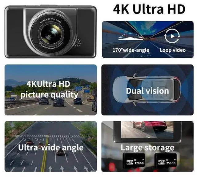 Alt view image 2 of 7 - 3-inch Dual RecordingCar Camera 4K  High Definition Night Vision WIFI Mobile Connectivity 170° Wide Angle Parking Monitoring Continuous Recording