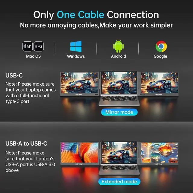 Alt view image 6 of 7 - MT-VIKI 15.6 inch Laptop Screen Extender, Potable Screen for Laptop Only One USB-C Cable Connection, Compatiable with Win/Mac (M1,M2, M3), FHD 1080P, 360° Rotation