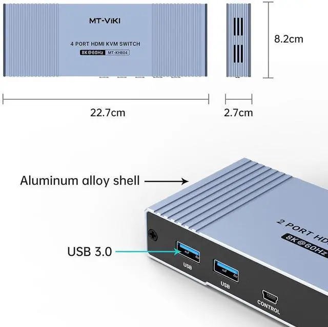 Alt view image 3 of 6 - MT-VIKI 4K@120Hz/144Hz USB 3.0 HDMI KVM Switch 4 Port 8K@60Hz, Aluminum KVM Switch HDMI 2.1, HDR for Games (4 USB 3.0 Cable Included)