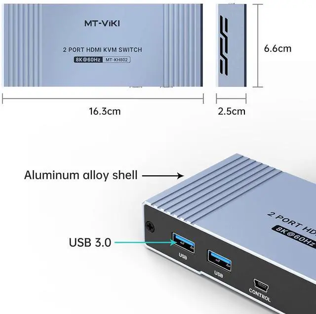 Alt view image 3 of 7 - MT-VIKI 4K@144Hz USB 3.0 HDMI KVM Switch 2 Port 8K@60Hz, MT-VIKI Aluminum KVM Switch HDMI 2.1, 4K@120Hz HDR for Games