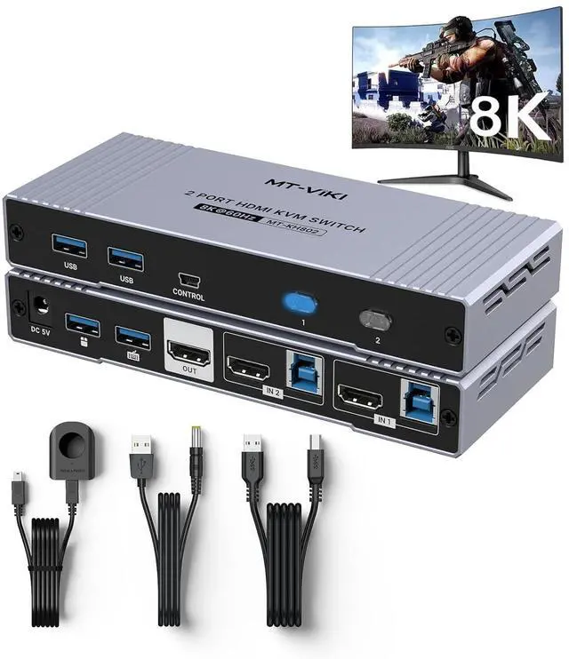 Main image of MT-VIKI 4K@144Hz USB 3.0 HDMI KVM Switch 2 Port 8K@60Hz, MT-VIKI Aluminum KVM Switch HDMI 2.1, 4K@120Hz HDR for Games
