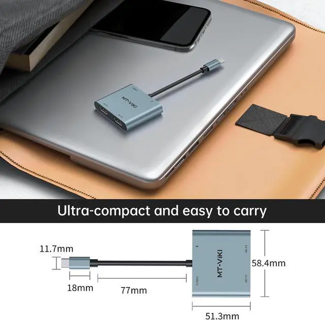 Alt view image 6 of 6 - MT-VIKI 4K60HZ USB C Splitter Type-C on Dual HDMI Adapter 4 in 1 Supports W/PD 100W Charging Compatible for Windows MacBook etc. with USB 2.0