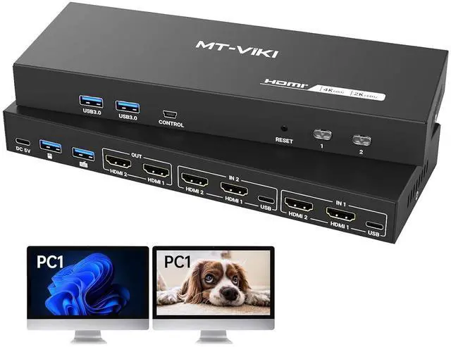Main image of MT-VIKI HDMI KVM Switch 2 Monitors 2 Computers 4K@60Hz, USB3.0 HDMI KVM Switch Dual Monitor with 4 USB 3.0 Ports Sharing Keyboard/Mouse/Printer