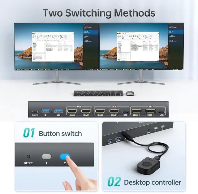 Alt view image 3 of 7 - MT-VIKI HDMI KVM Switch 2 Monitors 2 Computers 4K@60Hz, USB3.0 HDMI KVM Switch Dual Monitor with 4 USB 3.0 Ports Sharing Keyboard/Mouse/Printer