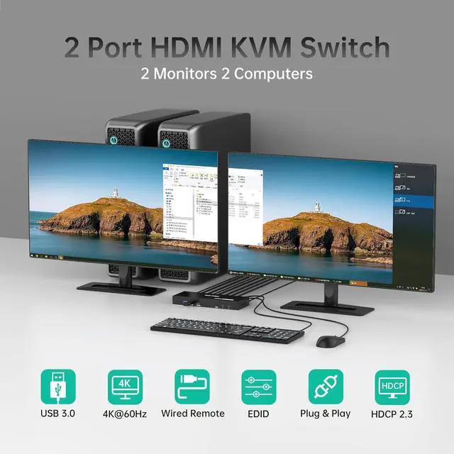 Alt view image 2 of 7 - MT-VIKI HDMI KVM Switch 2 Monitors 2 Computers 4K@60Hz, USB3.0 HDMI KVM Switch Dual Monitor with 4 USB 3.0 Ports Sharing Keyboard/Mouse/Printer