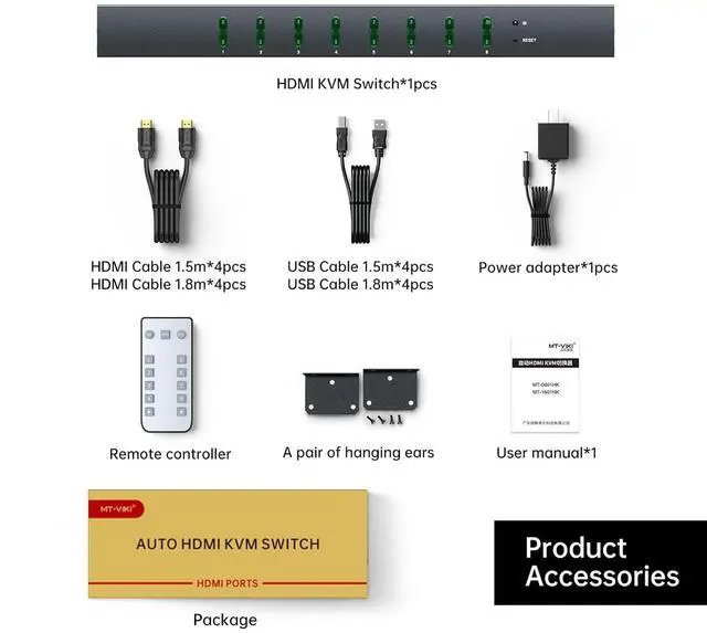 Alt view image 7 of 7 - MT-Viki 4K@60Hz 8 Port KVM Switch HDMI w/3.5mm Audio, 1U Rack Mount KVM HDMI Switcher, Support Button/Hotkey/IR Remote Switch, 8 Pack Cables & Rack Ears Included