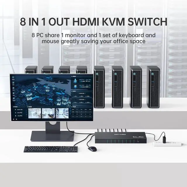 Alt view image 2 of 7 - MT-Viki 4K@60Hz 8 Port KVM Switch HDMI w/3.5mm Audio, 1U Rack Mount KVM HDMI Switcher, Support Button/Hotkey/IR Remote Switch, 8 Pack Cables & Rack Ears Included