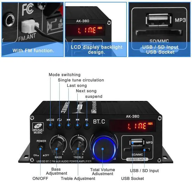 Alt view image 3 of 6 - AK-380 USB SD BT.C FM AUX Audio Power Amplifier 400W+400W 2.0 CH HiFi Stereo AMP Speaker Bluetooth 5.0 Amp Receiver with 12V 5A Power Supply,FM Antenna for Car Home Bar Party