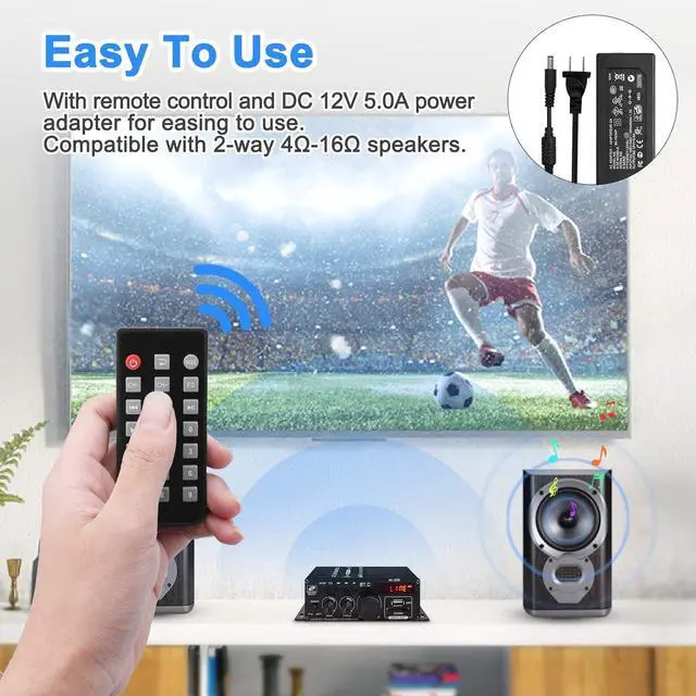Alt view image 6 of 6 - AK-380 USB SD BT.C FM AUX Audio Power Amplifier 400W+400W 2.0 CH HiFi Stereo AMP Speaker Bluetooth 5.0 Amp Receiver with 12V 5A Power Supply,FM Antenna for Car Home Bar Party