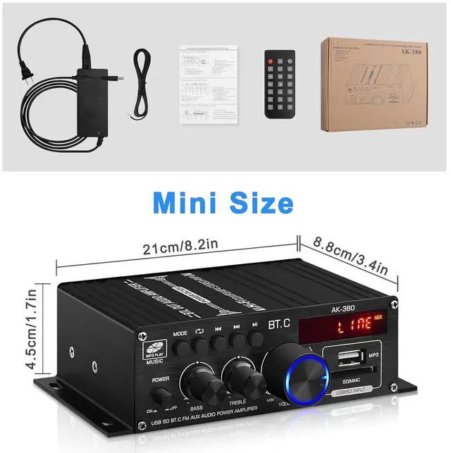 Alt view image 5 of 6 - AK-380 USB SD BT.C FM AUX Audio Power Amplifier 400W+400W 2.0 CH HiFi Stereo AMP Speaker Bluetooth 5.0 Amp Receiver with 12V 5A Power Supply,FM Antenna for Car Home Bar Party