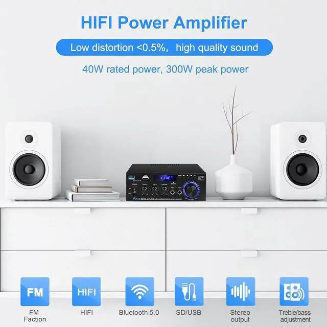 Alt view image 3 of 7 - Audio Amplifier Receivers-AK45 Bluetooth 5.0 HiFi Stereo Mini Power Amplifier RMS 40W x 2 Max. 400W 2.0 Channel Home Theater Audio Components Speakers Amp W/MIC,USB, RCA,FM Radio