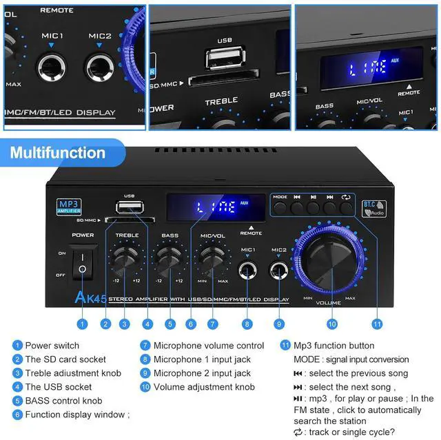 Alt view image 7 of 7 - Audio Amplifier Receivers-AK45 Bluetooth 5.0 HiFi Stereo Mini Power Amplifier RMS 40W x 2 Max. 400W 2.0 Channel Home Theater Audio Components Speakers Amp W/MIC,USB, RCA,FM Radio