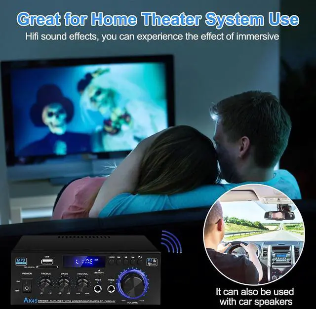 Alt view image 5 of 7 - Audio Amplifier Receivers-AK45 Bluetooth 5.0 HiFi Stereo Mini Power Amplifier RMS 40W x 2 Max. 400W 2.0 Channel Home Theater Audio Components Speakers Amp W/MIC,USB, RCA,FM Radio