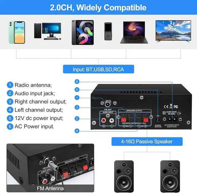Alt view image 6 of 7 - Audio Amplifier Receivers-AK45 Bluetooth 5.0 HiFi Stereo Mini Power Amplifier RMS 40W x 2 Max. 400W 2.0 Channel Home Theater Audio Components Speakers Amp W/MIC,USB, RCA,FM Radio