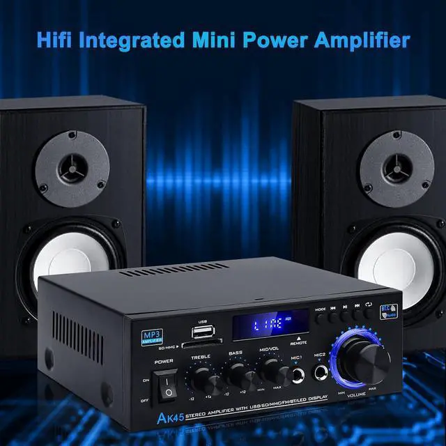 Alt view image 4 of 7 - Audio Amplifier Receivers-AK45 Bluetooth 5.0 HiFi Stereo Mini Power Amplifier RMS 40W x 2 Max. 400W 2.0 Channel Home Theater Audio Components Speakers Amp W/MIC,USB, RCA,FM Radio