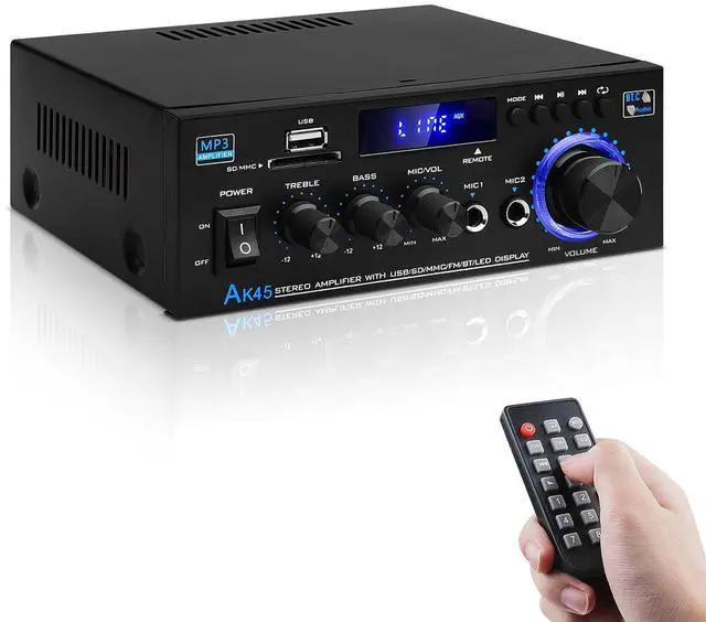 Main image of Audio Amplifier Receivers-AK45 Bluetooth 5.0 HiFi Stereo Mini Power Amplifier RMS 40W x 2 Max. 400W 2.0 Channel Home Theater Audio Components Speakers Amp W/MIC,USB, RCA,FM Radio