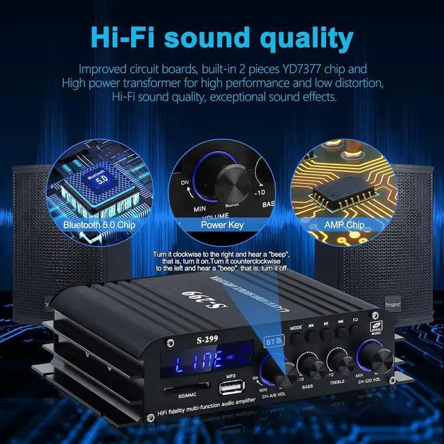 Alt view image 3 of 7 - Audio Power Amplifier for Home Speakers -S-299 Bluetooth 5.0 Power Amp 4.1 Channel RMS 40Wx4 Subwoofer AMP DC 12V/5A Mini Integrated Digital Amplifier with USB/SD & AUX Jack