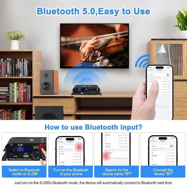 Alt view image 2 of 7 - Audio Power Amplifier for Home Speakers -S-299 Bluetooth 5.0 Power Amp 4.1 Channel RMS 40Wx4 Subwoofer AMP DC 12V/5A Mini Integrated Digital Amplifier with USB/SD & AUX Jack