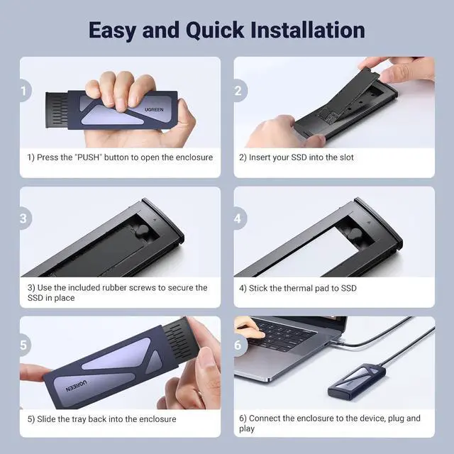 Alt view image 6 of 7 - UGREEN SSD Enclosure, Tool-Free USB C External, 10Gbps M.2 NVMe to USB Adapter/Reader Supports M and B&M Keys and Size 2230/2242 /2260/2280 SSDs