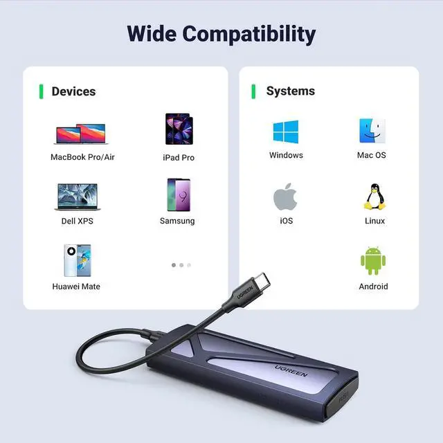 Alt view image 7 of 7 - UGREEN SSD Enclosure, Tool-Free USB C External, 10Gbps M.2 NVMe to USB Adapter/Reader Supports M and B&M Keys and Size 2230/2242 /2260/2280 SSDs