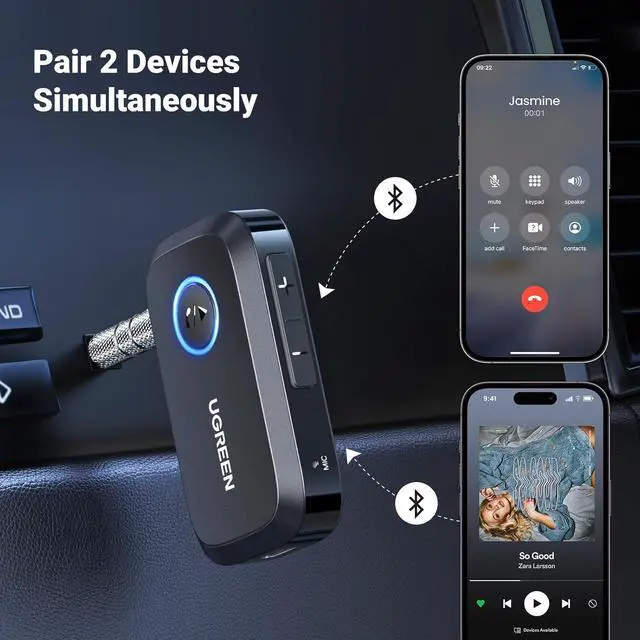 Alt view image 7 of 7 - UGREEN 5.4 Aux Bluetooth Adapter, Noise Cancelling 3.5mm AUX Bluetooth Car Adapter, Wireless Audio Receiver for Home Stereo/Wired Speaker, 15H Battery Life