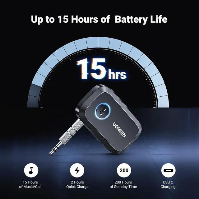 Alt view image 6 of 7 - UGREEN 5.4 Aux Bluetooth Adapter, Noise Cancelling 3.5mm AUX Bluetooth Car Adapter, Wireless Audio Receiver for Home Stereo/Wired Speaker, 15H Battery Life