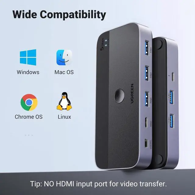 Alt view image 7 of 7 - UGREEN USB 3.0 Switch 2 Computers Sharing USB C & A Devices, 4 Port USB Switcher Sharing Keyboard and Mouse, Printer/Scanner USB Switch Hub for Two Computers with 2 USB3.0 Cables and Controller