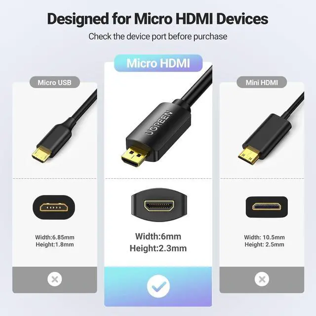 Alt view image 3 of 7 - UGREEN Micro HDMI to HDMI Adapter, Male to Female Cable HDMI 2.0 4K@60Hz HDR 3D Dolby 18Gbps High Speed Compatible with Raspberry Pi 5/Pi 4/GoPro Hero 7 6/Retroid Pocket 3+, 1.6FT