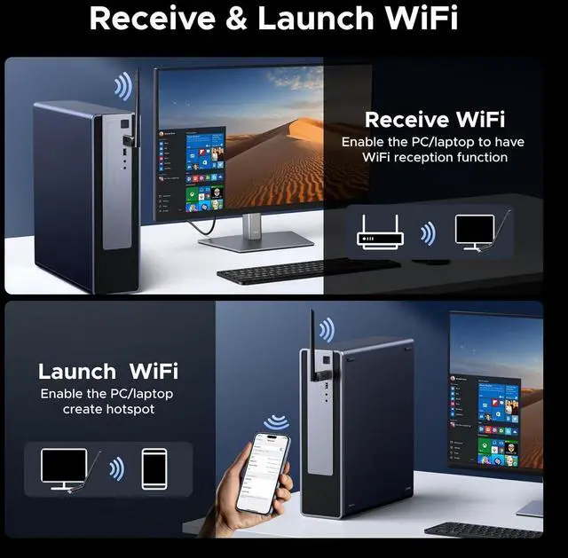 Alt view image 7 of 7 - UGREEN 2-in-1 USB Bluetooth WiFi Adapter, AX900 + Bluetooth 5.4 WiFi 6 Adapter for Desktop PC with 5GHz/2.4GHz Dual Band, 6dBi High Gain Antenna, Built-in Driver for Windows 10/11