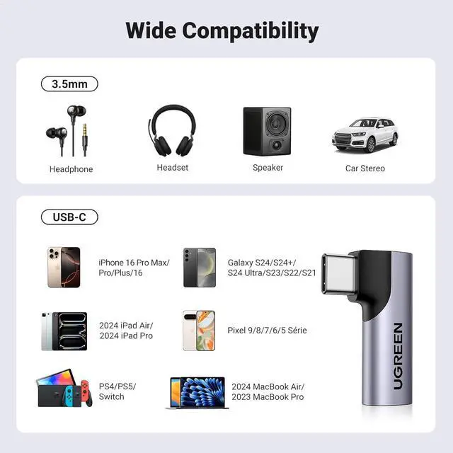 Alt view image 7 of 7 - UGREEN USB C to 3.5mm Audio Adapter Type C Aux Headphone Jack DAC Stereo Mic HiFi Right Angle Dongle Compatible with iPhone 16 15 Pro Max/15 Pro/15 Plus, iPad Pro, Galaxy S24 Ultra Pixel 9 Pro, Gray