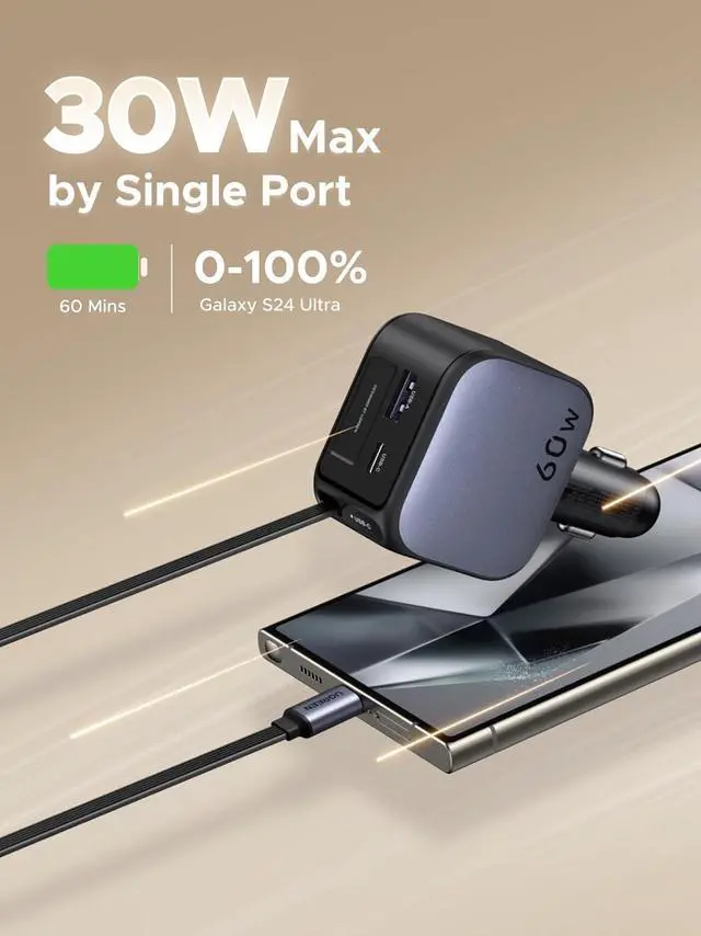 Alt view image 3 of 7 - UGREEN 60W 2C1A Car Charger with Retractable Cable, 3-Port Fast Charger with 30W PD USB-C, USB-A, Cigarette Lighter Adapter for iPhone 16/15, Galaxy S25/S24, iPad, GPS, 12V Car Accessories