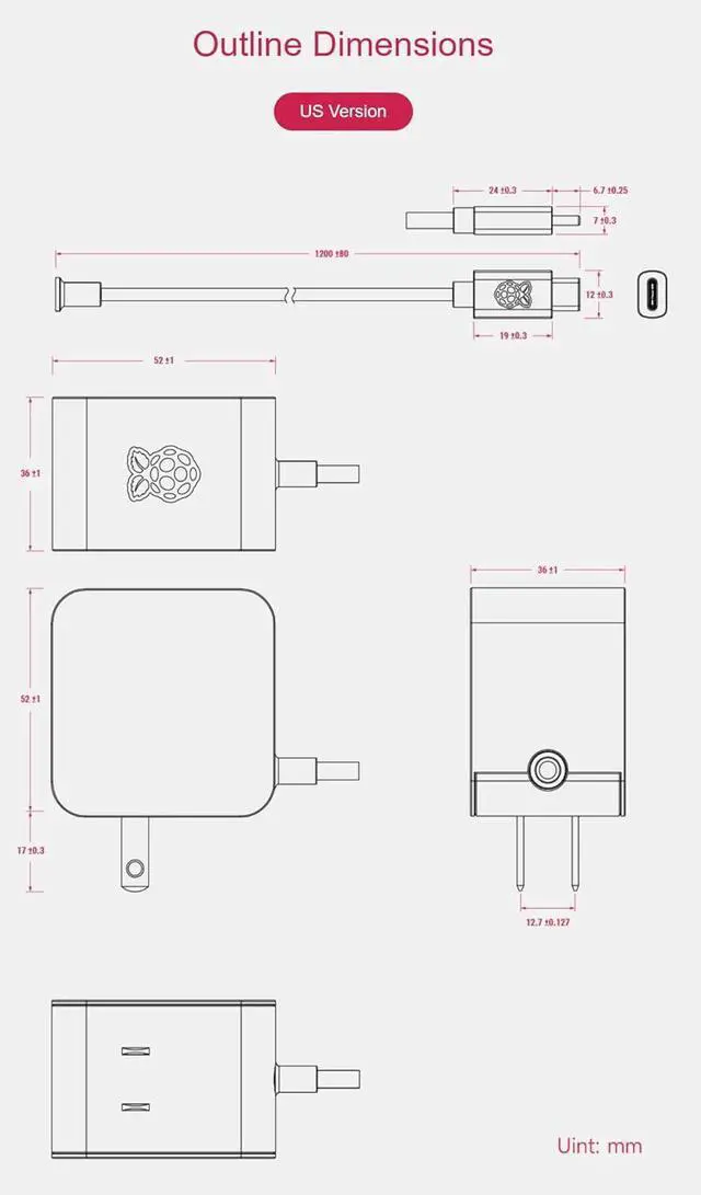 Alt view image 2 of 7 - Official 27W USB-C Power Supply for Raspberry Pi 5, 5.1V/5A, 9V/3A, 12V/2.25A, 15V/1.8A, Black US