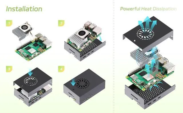 Alt view image 4 of 7 - Raspberry Pi 5  Metal Case with Active Cooler,Cable and 27W USB C Power Supply for Raspberry Pi 5 (Pi 5 Board not Included)