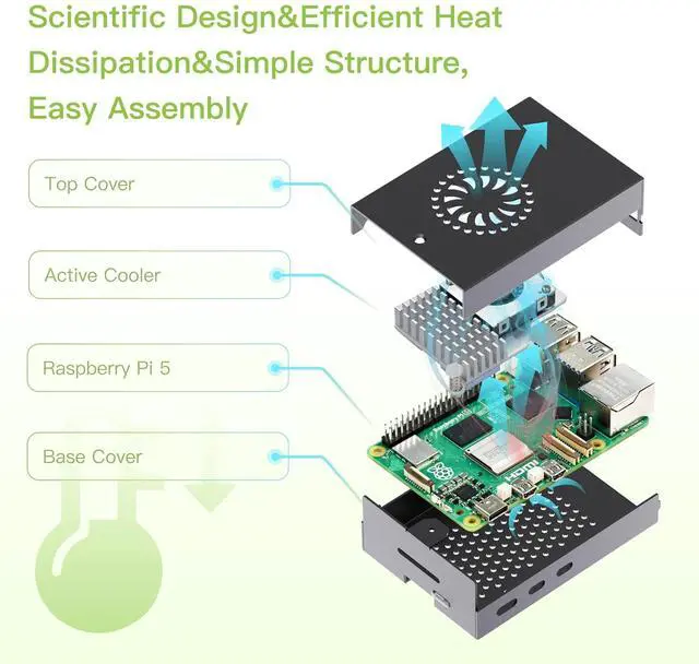 Alt view image 5 of 7 - Raspberry Pi 5  Metal Case with Active Cooler,Cable and 27W USB C Power Supply for Raspberry Pi 5 (Pi 5 Board not Included)
