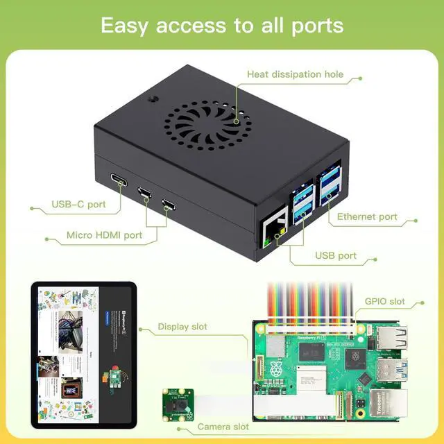Alt view image 2 of 7 - Raspberry Pi 5  Metal Case with Active Cooler,Cable and 27W USB C Power Supply for Raspberry Pi 5 (Pi 5 Board not Included)