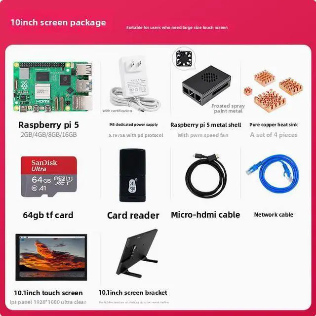 Main image of Raspberry Pi 5 Development Board 10-inch Screen Package Comes with 10.1-inch HDMI LCD Display Screen, IPS Monitor and Stand 4GB