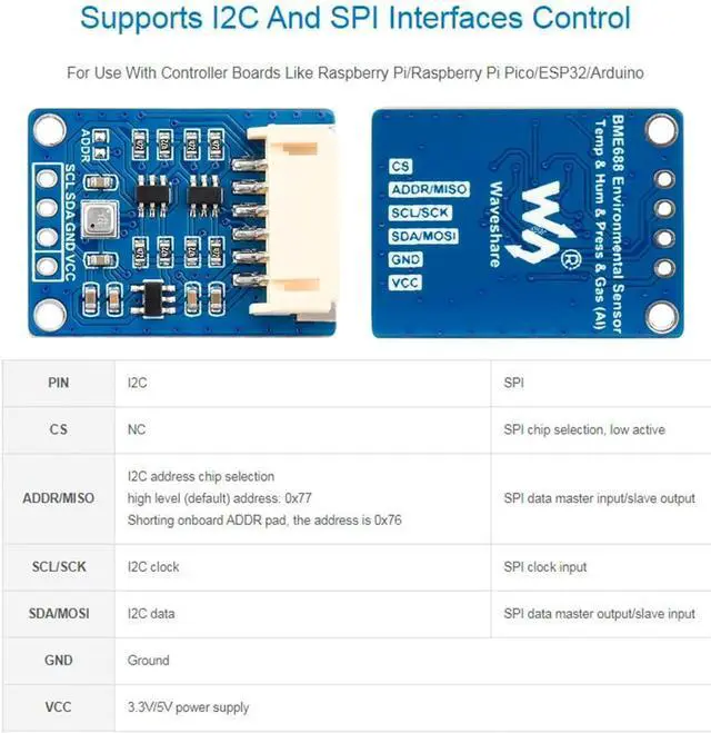 Alt view image 4 of 7 - BME680 Environmental Sensor, Supports Temperature/Humidity/Barometric Pressure/VOC Gas Detection, I2C and SPI, Support Raspberry Pi/Raspberry Pi Pico/for Arduino / ESP32, etc.